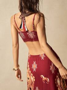 Bohemela BOHO Beach Vacation Style Woven Print Spaghetti Strap Backless Design Dress For Women - Redwood - View 6