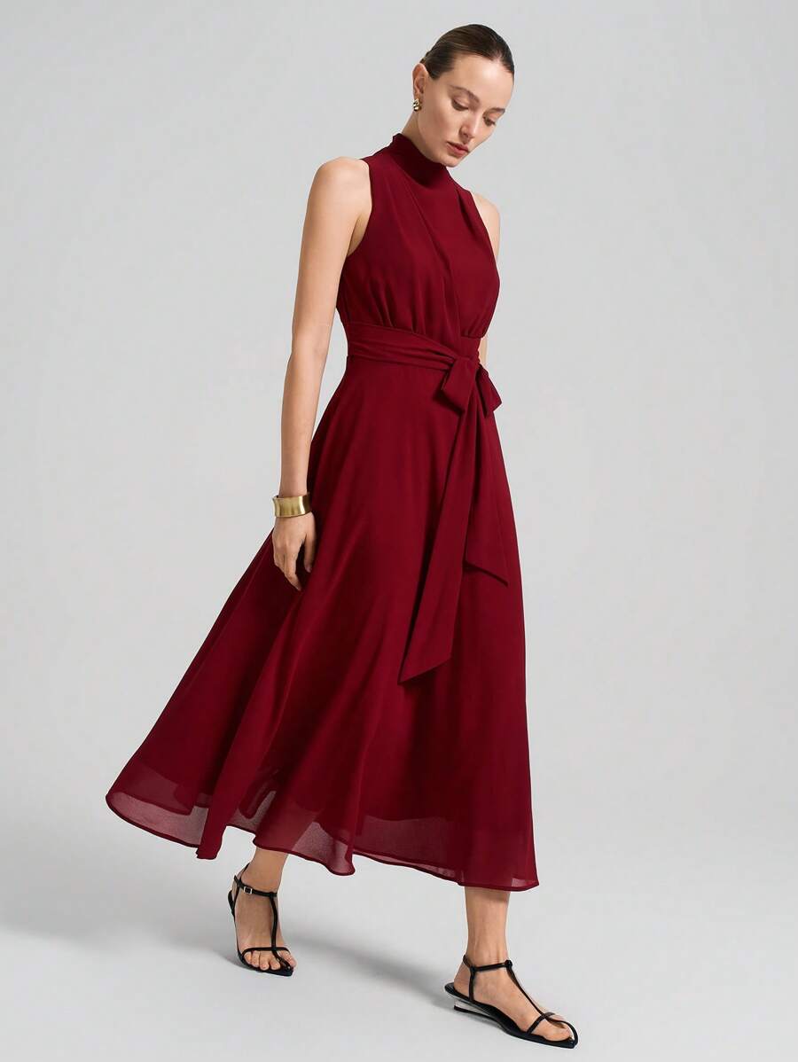 Ontre Elegant Solid Color Stand Collar Sleeveless Dress, Summer - Burgundy - View 1