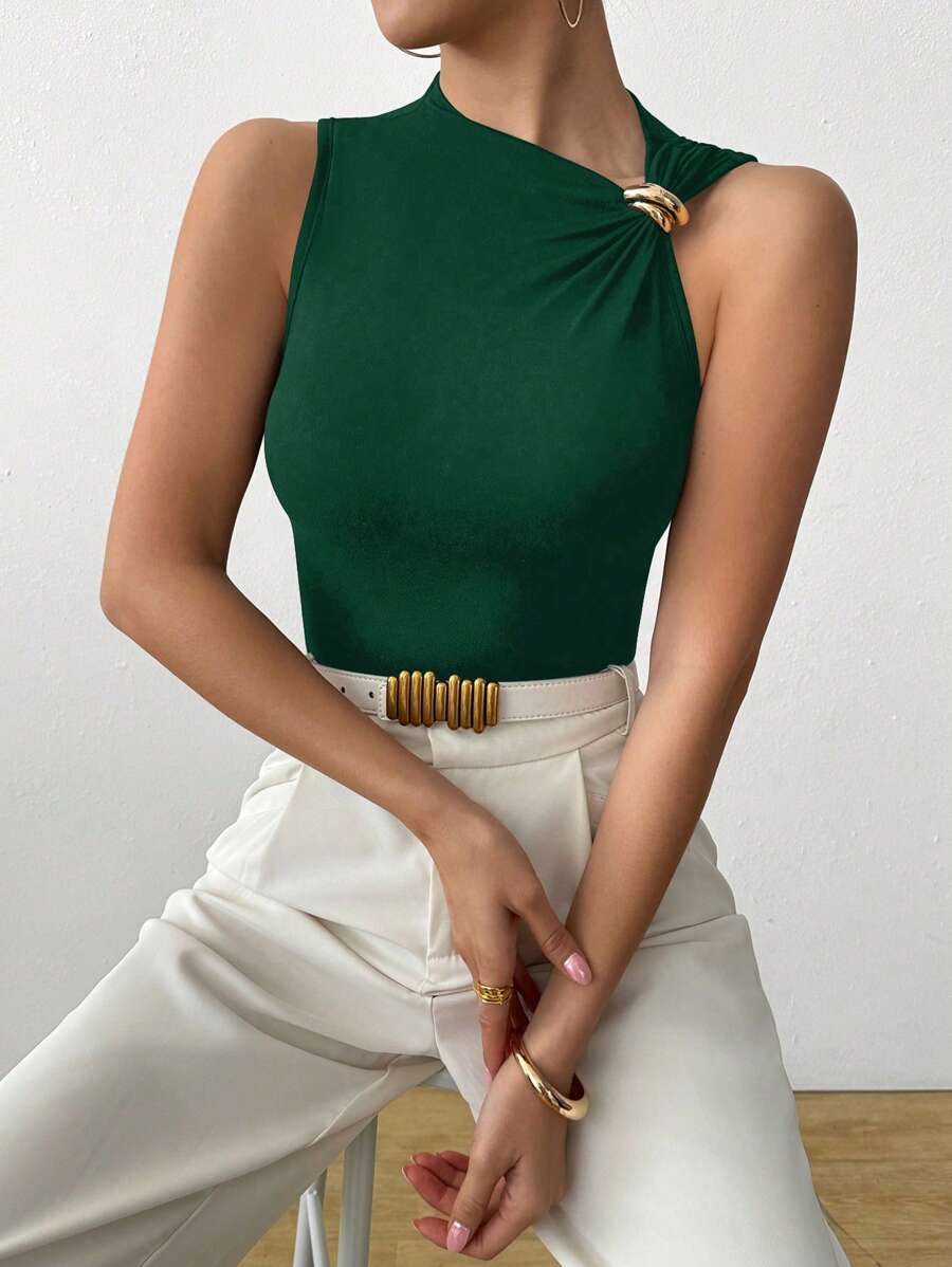 SHEIN Clasi Women Metal Decor Solid Color Fashion Tank Top - Dark Green - View 1