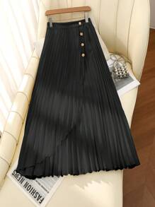Franclia High Waist Slimming Solid Color A-Line Pleated Work & Casual Skirt Fall Cloth For Women - Black - View 3