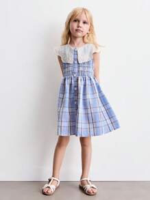 SHEIN Young Girl Cute Peter Pan Collar Plaid Front Button Sleeveless Dress, Summer - Multicolor - View 3