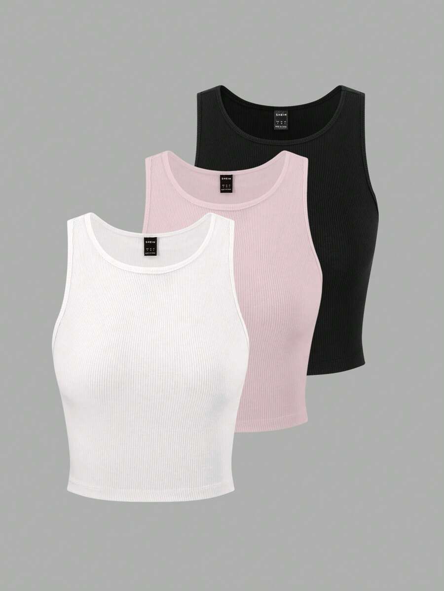 EMERY ROSE 3pcs Solid Color Crew Neck Slim Fit Casual Tank Tops, Summer - Multicolor - View 1