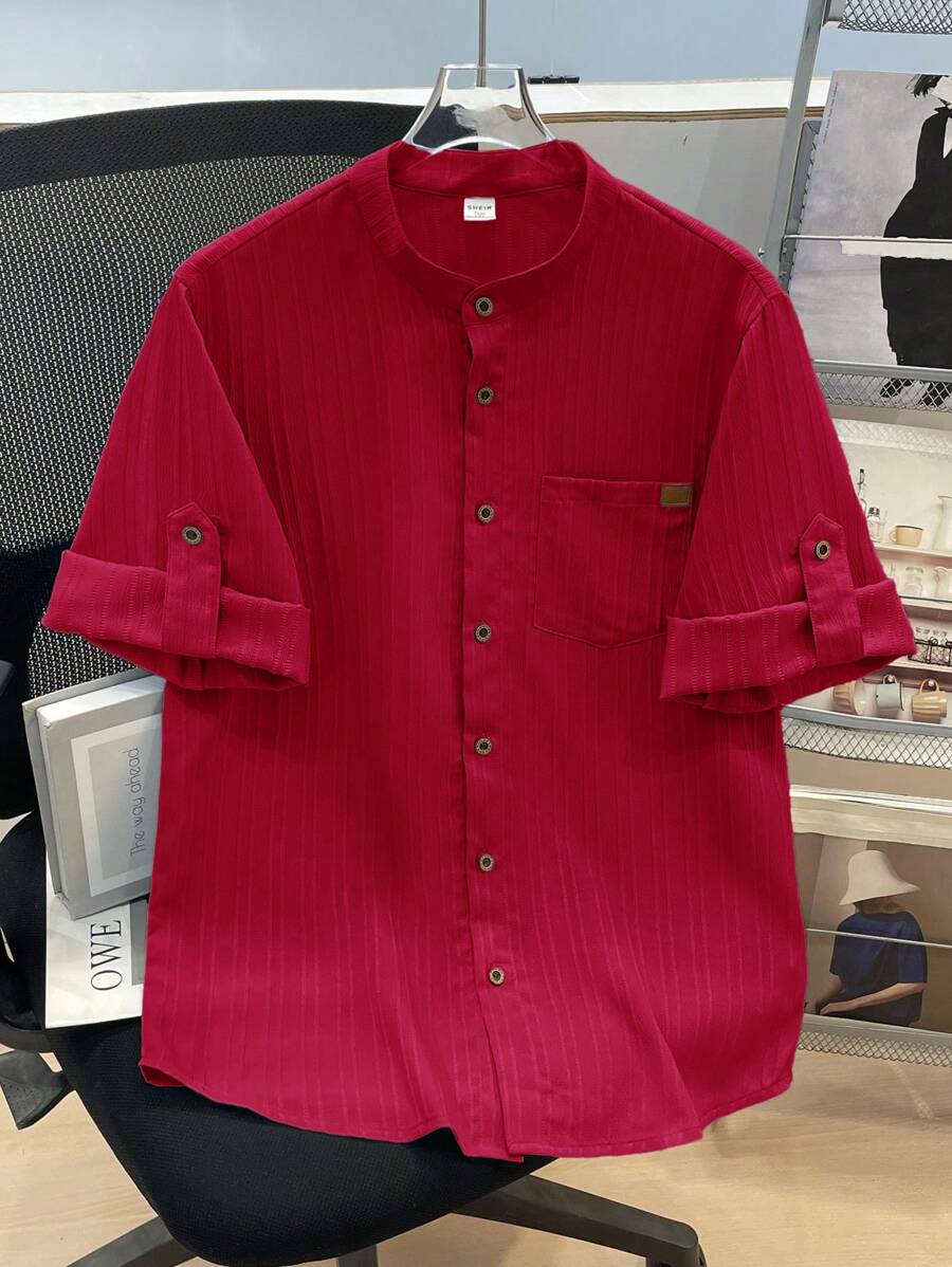SHEIN 1pc Teen Boys' Casual Collegiate Comfortable Textured Fabric Stand Collar Patch Pocket Versatile Shirt - Red - View 1