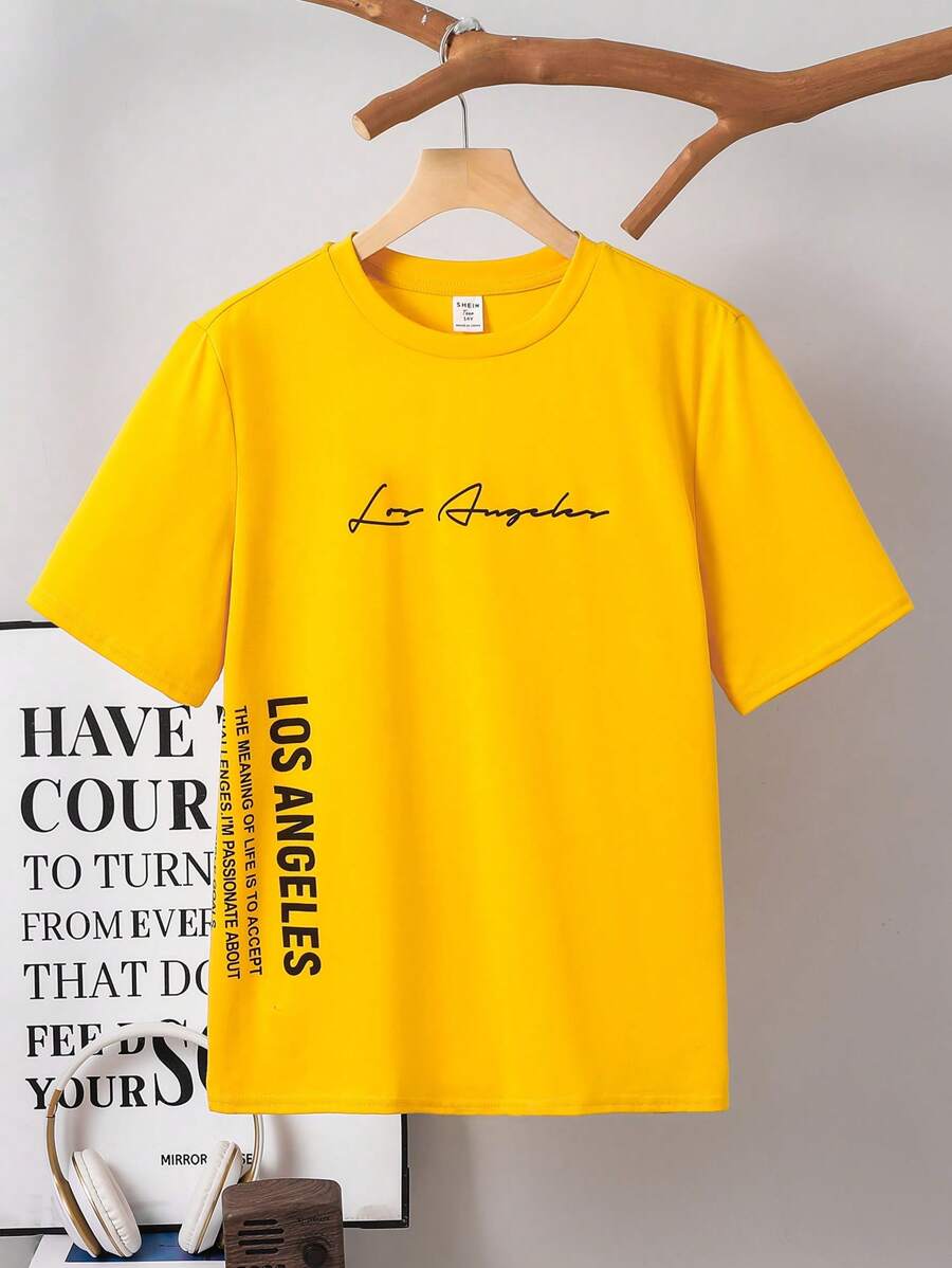 SHEIN Leap Crew 青少年男童休闲英伦图案印花短袖棉质T恤，夏季 - 黃色 - 查看 1