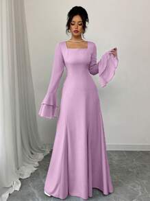 Rafferiza Blue Square Neck Layered Ruffle Sleeve Flare Hem Long Dress For Women Fall Cloth For Women