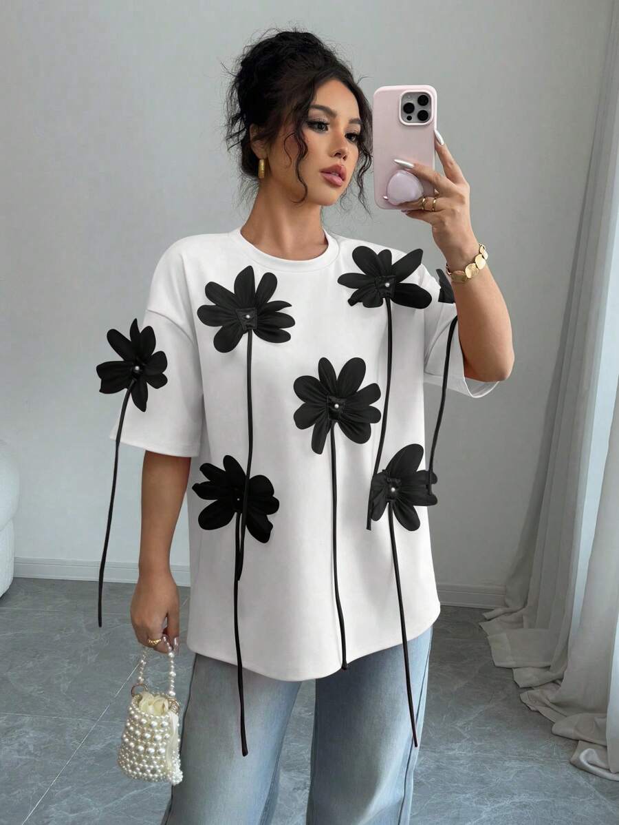 Chiquease Women's Elegant 3D Flower Pink Short Sleeve T-Shirt, Suitable For Valentine's Day - Multicolor - View 1