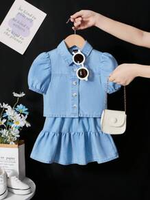 SHEIN 2pcs Baby Girl Denim Puff Sleeve Blouse & Skirt Set - Light Wash - View 1