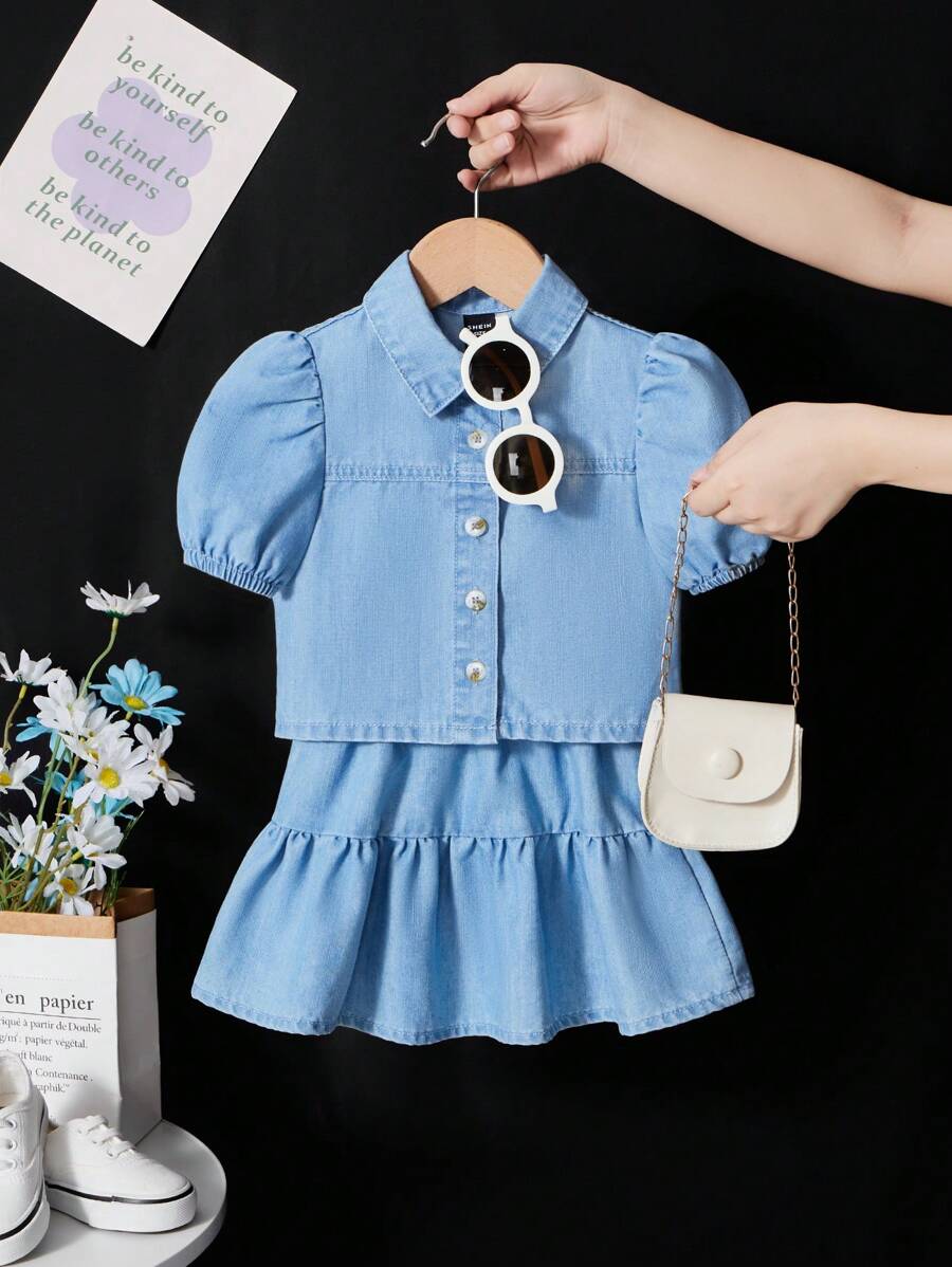 SHEIN 2pcs Baby Girl Denim Puff Sleeve Blouse & Skirt Set - Light Wash - View 1