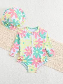 2pcs/Set Newborn Baby Girls' Cute Floral Print Long Sleeve One-Piece Rash Guard Swimsuit With Swimming Cap Girl Infant Girl Clothes Spring Baby Girl Spring Clothes Baby Clothes For Girls Tropical Baby Clothes Tropical Baby Clothes Girl