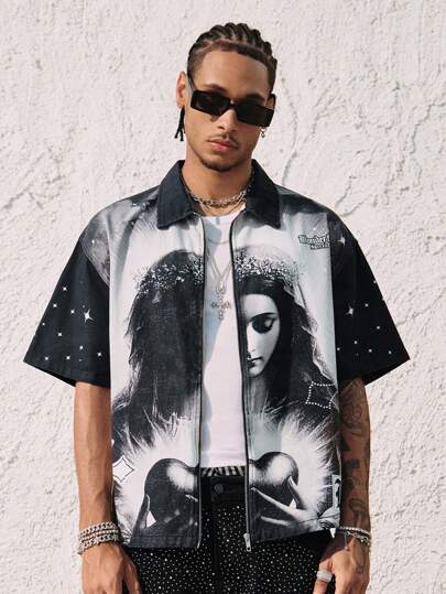 Goth Giacca di jeans con stampa streetwear da uomo