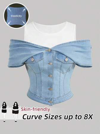 SHEIN CURVE+ Plus Size Light Blue Denim Top 2 In 1 Comfortable High-Stretch Denim Korean Style Tops Summer,Curve Plus,Boho Vacation
