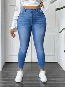 SHEIN SXY 大码女式蓝色纽扣前紧身牛仔裤 - 中等水洗藍 - 查看 3