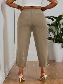SHEIN PETITE CURVE Plus Size Solid Color Paper Bag Waist Casual Trousers For Women, Summer,Summer Pants