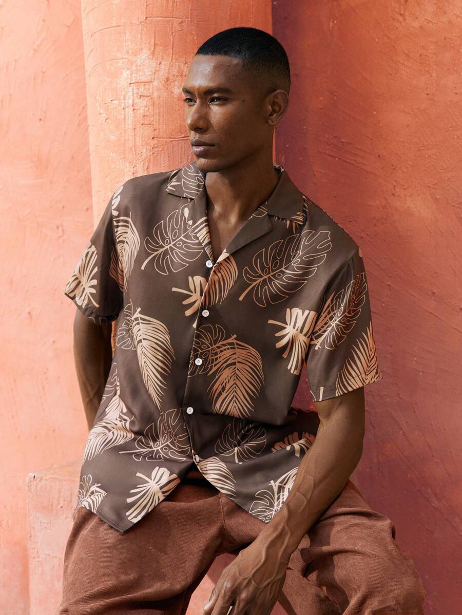 Maija 2025 Spring Summer New Brown Hawaiian Tropical Rainforest Banana Leaf Print Cuban Collar Short Sleeve Shirt, Daily Fashion Versatile Business Casual Vacation Beach Party Suitable For Outing, Wedding Guest, Graduation Party, Father's Day, Mother's Day, Music Festival, Men - Brown - View 1