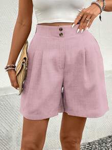 SHEIN LUNE Pantalones cortos casuales y holgados para mujer con diseño de botones lisos y bolsillos