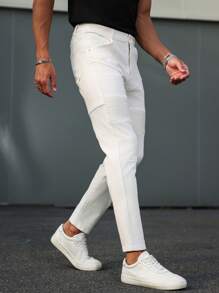 Manfinity Homme Men's Solid Fitted Pocket Design Casual Versatile Jeans - White - View 5