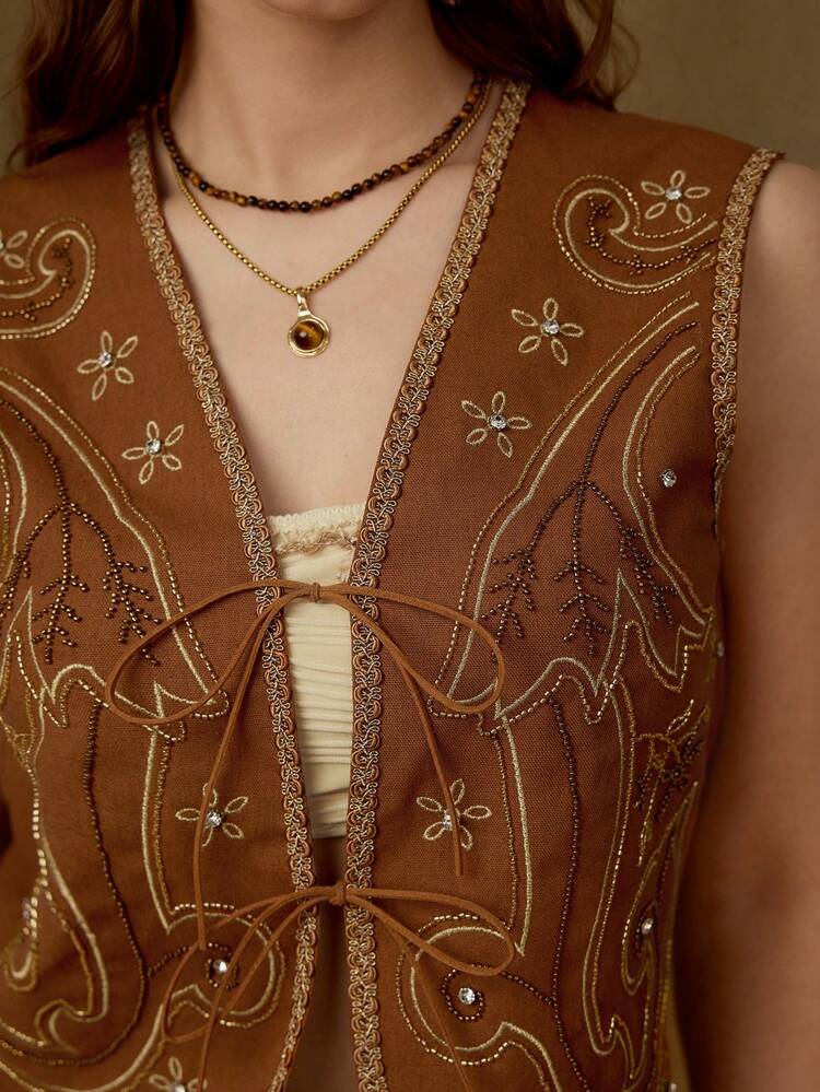 1PC VACATION LINEN KNITTED DRAWSTRING EMBROIDERED BEADED CROP TOP