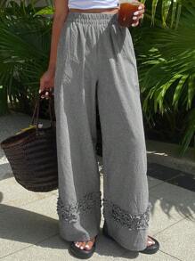 DAZY 精致格纹下摆荷叶边及踝长裤，松紧腰阔腿休闲裤，女士夏季 - 黑色 - 查看 4