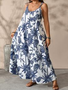 SHEIN Clasi Plus Size Summer Vacation Style Allover Print Sleeveless Wide Leg Jumpsuit - Blue and White - View 3