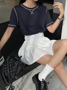 DAZY Camiseta de mujer de manga corta con cuello redondo, corte holgado y diseño de líneas decorativas, ideal para verano - Azul Marino - Ver 5