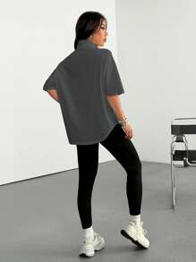 SHEIN EZwear 女式字母刺绣立领 T 恤和紧身裤两件套 - 灰色 - 查看 2