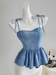 SHEIN MOD 女士修身牛仔吊带背心，休闲修身蓝色，Saint John 2025，可爱夏季上衣，女士优雅服装，牛仔女郎服装，女士巡航服装，女士早午餐服装，毕业上衣，复古 - 淺色水洗藍 - 查看 6