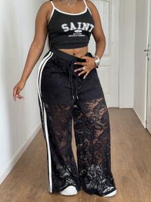 Maweii Plus Size Women's High Waist Lace See-Through Pants Fall Cloth For Women