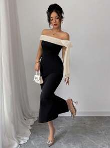 Rafferiza 黑色露肩长裙，夏季时尚 - 黑色 - 查看 6