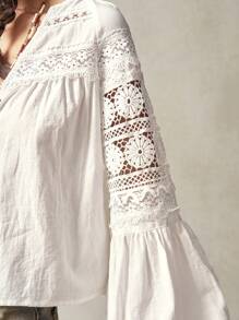 Bohemela Plain Woven Patchwork Long Sleeve Cropped Plus Size Shirt,Vintage - White - View 8