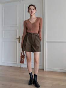 DAZY Pantalones cortos de mujer de cintura alta, rectos, con bolsillos y fruncidos, ropa de otoño
