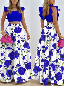 SHEIN Clasi 2件套性感荷叶边印花女士度假装 - 彩色 - 查看 3