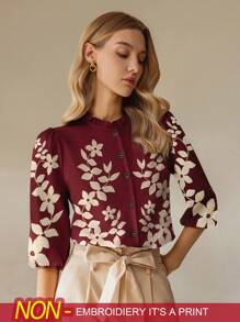 SHEIN PETITE Women's Stylish Short Sleeve Shirt, Suitable For Summer - Burgundy - View 1