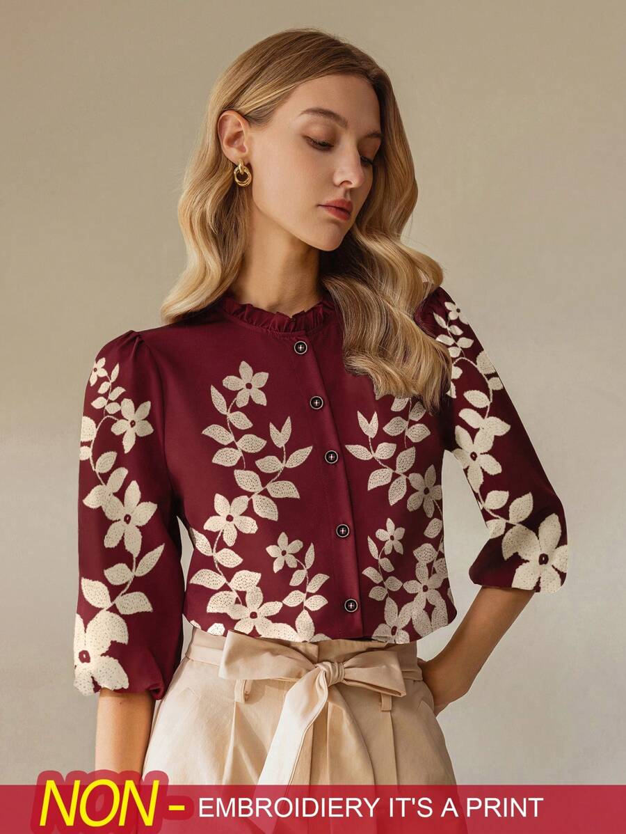 SHEIN PETITE Women's Stylish Short Sleeve Shirt, Suitable For Summer - Burgundy - View 1
