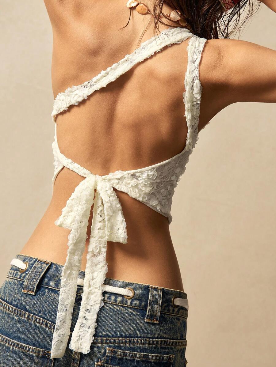 Bohemela Knitted High Elastic Floral Texture One Shoulder Back Tie Neck Women's Top Lace - Apricot - View 1