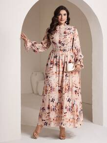 Veilorie Plus Size Elegant Floral All-Over Print Dress