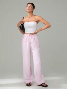 SHEIN Tall Pantalones largos de tejido de cintura baja con bolsillos de sesgo, cordón de ajuste de la cintura y unicolor para mujer