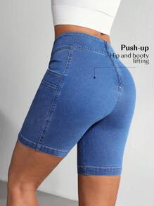 SHEIN Unity Damen Sommer Washed Elastisch Skinny Denim-Shorts - Blau - Übersicht 5