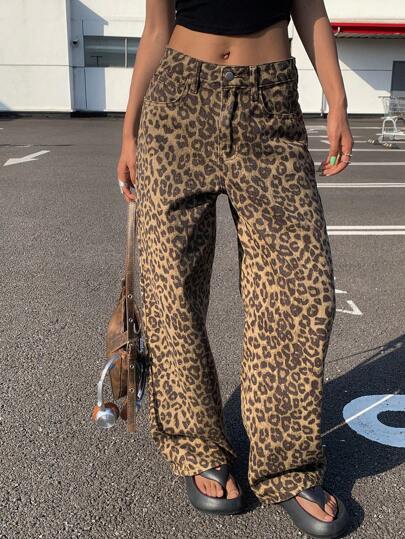 Livesso 女式豹纹口袋宽松休闲牛仔裤