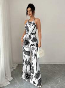 Elenzga Damen Sommer Urlaubs Sonne & Mond Muster Träger Jumpsuit