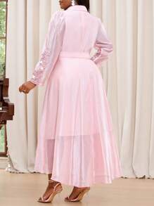 Fleurora 春夏休闲优雅波西米亚风大码女式通勤圆领波浪领口紧身印花中长大码连衣裙 - 粉色 - 查看 2