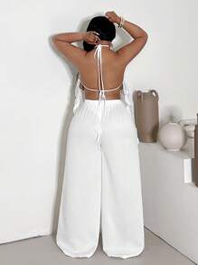 Veslaya White Romantic Laser Cut Top & Wide Leg Pants 2Pcs Set, Spring/Summer - White - View 2