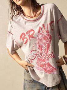 Bohemela 西部牛仔风格休闲纯色靴子印花圆领宽松女式短袖T恤