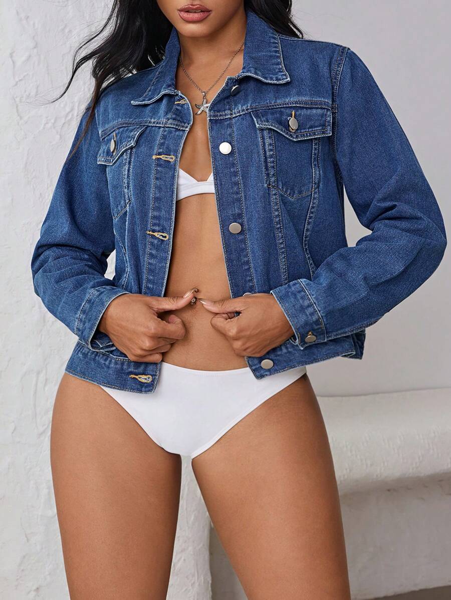 SHEIN ICON 女士牛仔夹克，夏季时尚 - 深色水洗藍 - 查看 1
