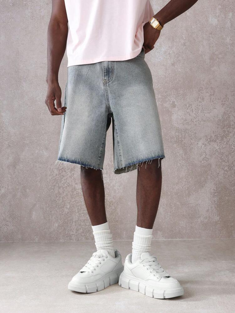 Distressed Raw Edge Cutoff Relaxed Fit Denim Shorts