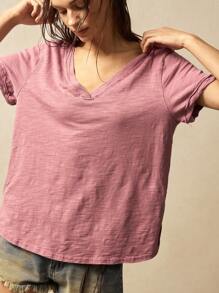 Bohemela 休闲纯色V领短袖宽松水洗女式T恤 - 珊瑚粉 - 查看 6