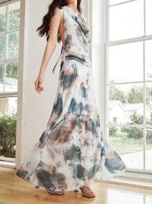 Celisse Damen Mesh- & Blume Muster Neckholder Rückenfrei Mini-Kleid