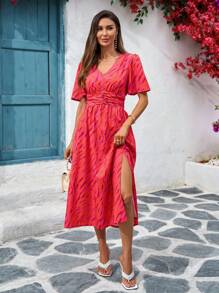 SHEIN Clasi Abito mini con maniche a palloncino, stampa a dopamina, copertura completa, adatto per le vacanze estive