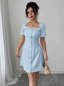 Elenzga Women's Elegant Commuting Trapezoidal Collar, Ruffle Collar, Button Front, Waist Drawstring, A-Line Short Sleeve Short Dress, Spring/Summer - Blue - View 5