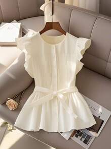 SHEIN Clasi 女式纯色单排扣盖袖褶皱休闲衬衫