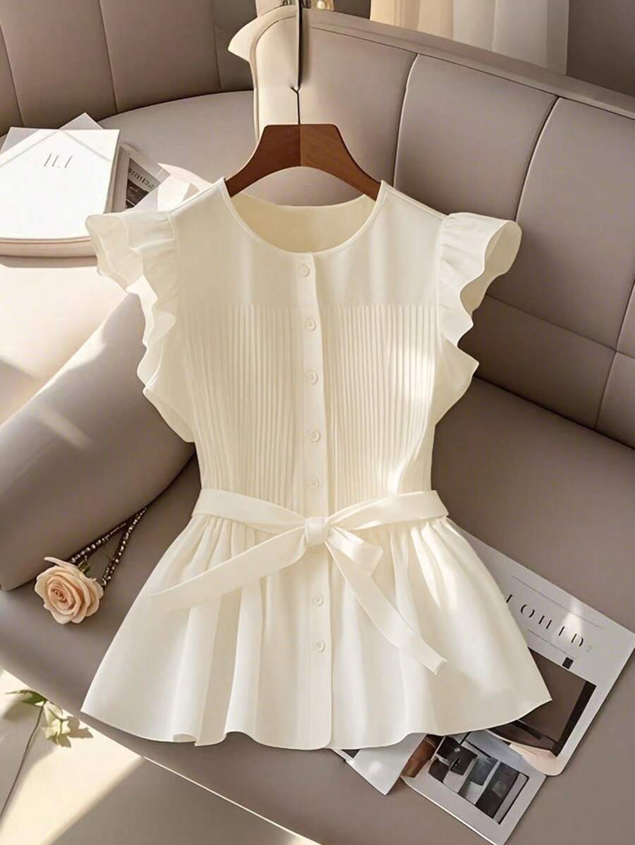 SHEIN Clasi 女式纯色单排扣盖袖褶皱休闲衬衫